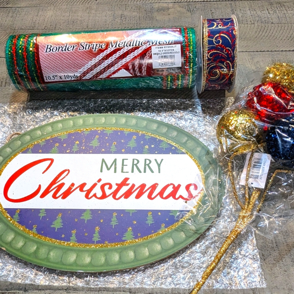 Christmas wreath supplies ribbon, mesh, sign & more